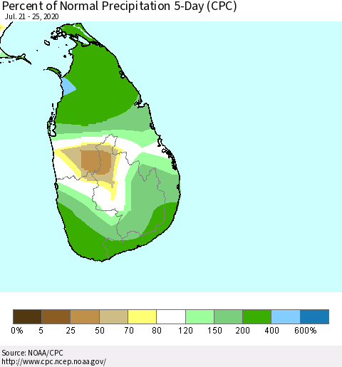Sri Lanka Percent of Normal Precipitation 5-Day (CPC) Thematic Map For 7/21/2020 - 7/25/2020