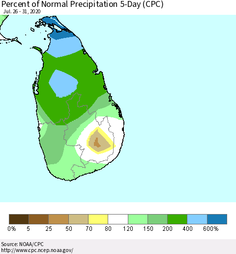 Sri Lanka Percent of Normal Precipitation 5-Day (CPC) Thematic Map For 7/26/2020 - 7/31/2020