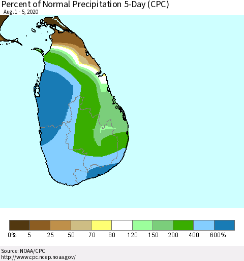 Sri Lanka Percent of Normal Precipitation 5-Day (CPC) Thematic Map For 8/1/2020 - 8/5/2020