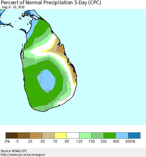 Sri Lanka Percent of Normal Precipitation 5-Day (CPC) Thematic Map For 8/6/2020 - 8/10/2020