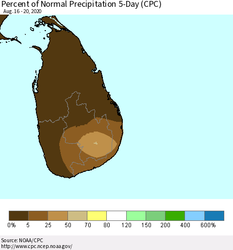 Sri Lanka Percent of Normal Precipitation 5-Day (CPC) Thematic Map For 8/16/2020 - 8/20/2020