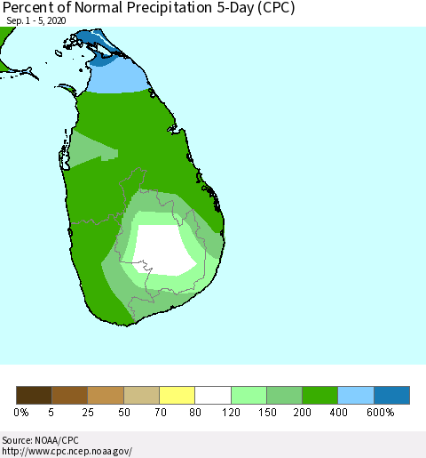 Sri Lanka Percent of Normal Precipitation 5-Day (CPC) Thematic Map For 9/1/2020 - 9/5/2020