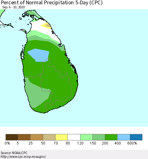 Sri Lanka Percent of Normal Precipitation 5-Day (CPC) Thematic Map For 9/6/2020 - 9/10/2020