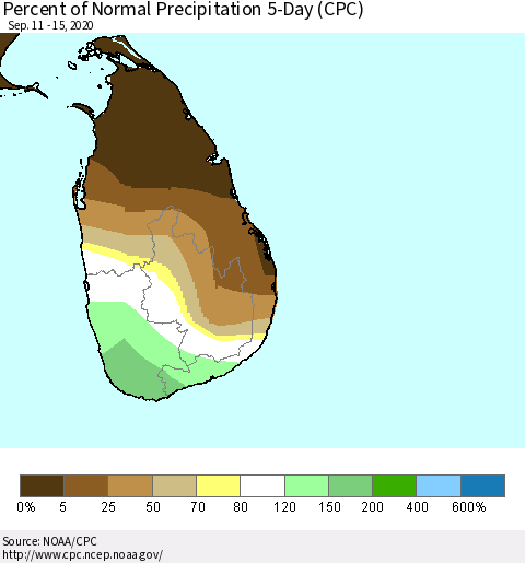 Sri Lanka Percent of Normal Precipitation 5-Day (CPC) Thematic Map For 9/11/2020 - 9/15/2020