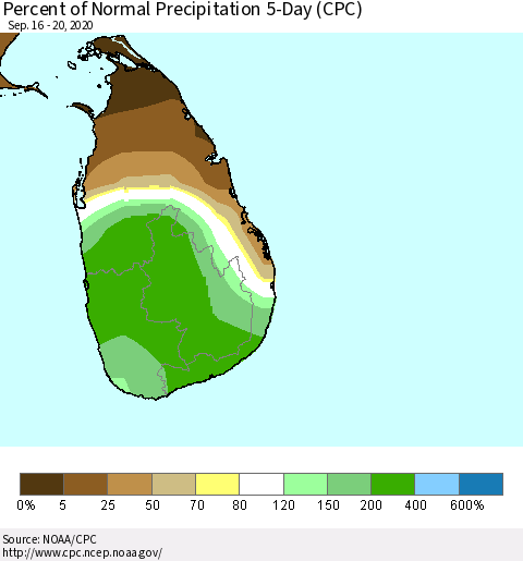 Sri Lanka Percent of Normal Precipitation 5-Day (CPC) Thematic Map For 9/16/2020 - 9/20/2020
