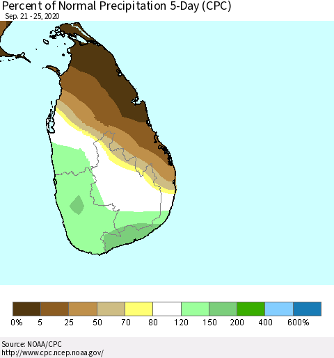 Sri Lanka Percent of Normal Precipitation 5-Day (CPC) Thematic Map For 9/21/2020 - 9/25/2020