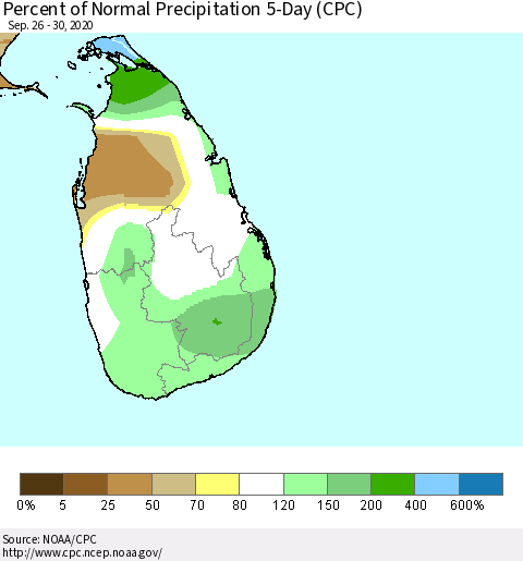 Sri Lanka Percent of Normal Precipitation 5-Day (CPC) Thematic Map For 9/26/2020 - 9/30/2020