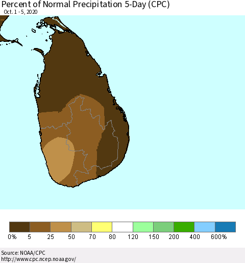 Sri Lanka Percent of Normal Precipitation 5-Day (CPC) Thematic Map For 10/1/2020 - 10/5/2020