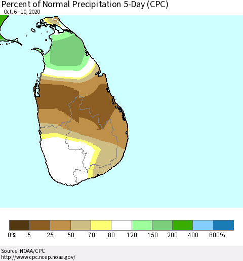 Sri Lanka Percent of Normal Precipitation 5-Day (CPC) Thematic Map For 10/6/2020 - 10/10/2020
