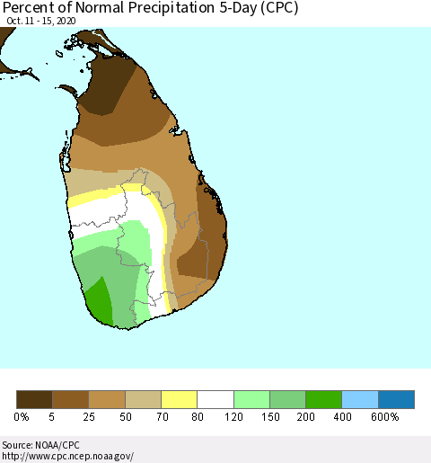 Sri Lanka Percent of Normal Precipitation 5-Day (CPC) Thematic Map For 10/11/2020 - 10/15/2020