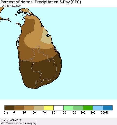 Sri Lanka Percent of Normal Precipitation 5-Day (CPC) Thematic Map For 10/16/2020 - 10/20/2020
