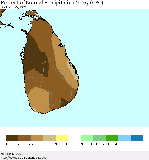 Sri Lanka Percent of Normal Precipitation 5-Day (CPC) Thematic Map For 10/21/2020 - 10/25/2020