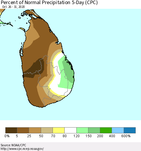 Sri Lanka Percent of Normal Precipitation 5-Day (CPC) Thematic Map For 10/26/2020 - 10/31/2020