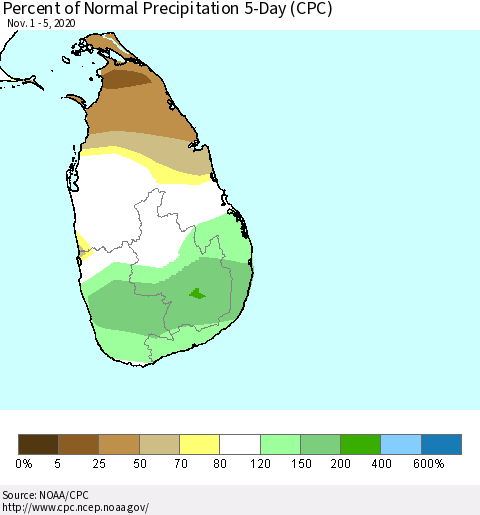 Sri Lanka Percent of Normal Precipitation 5-Day (CPC) Thematic Map For 11/1/2020 - 11/5/2020