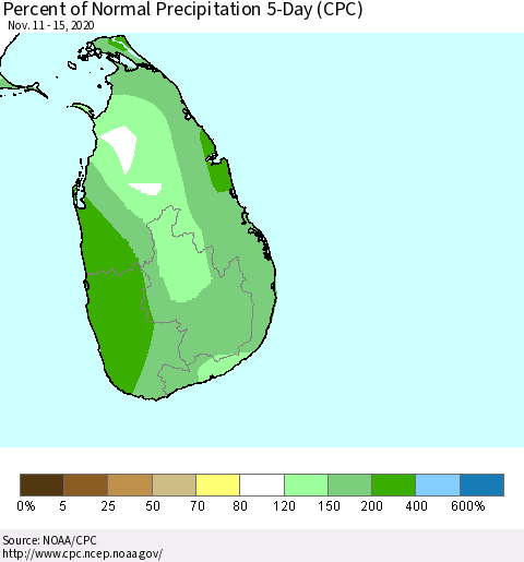 Sri Lanka Percent of Normal Precipitation 5-Day (CPC) Thematic Map For 11/11/2020 - 11/15/2020