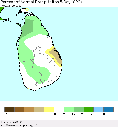 Sri Lanka Percent of Normal Precipitation 5-Day (CPC) Thematic Map For 11/16/2020 - 11/20/2020