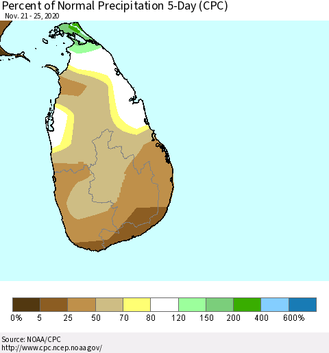 Sri Lanka Percent of Normal Precipitation 5-Day (CPC) Thematic Map For 11/21/2020 - 11/25/2020
