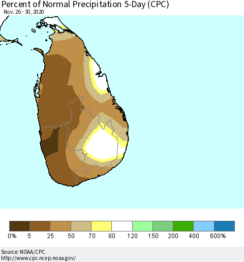 Sri Lanka Percent of Normal Precipitation 5-Day (CPC) Thematic Map For 11/26/2020 - 11/30/2020