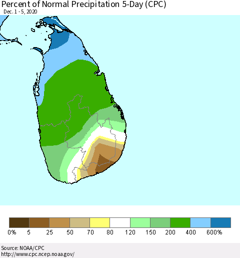 Sri Lanka Percent of Normal Precipitation 5-Day (CPC) Thematic Map For 12/1/2020 - 12/5/2020