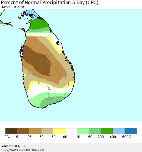 Sri Lanka Percent of Normal Precipitation 5-Day (CPC) Thematic Map For 12/6/2020 - 12/10/2020