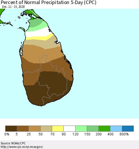 Sri Lanka Percent of Normal Precipitation 5-Day (CPC) Thematic Map For 12/11/2020 - 12/15/2020
