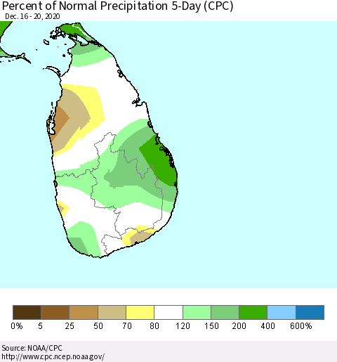 Sri Lanka Percent of Normal Precipitation 5-Day (CPC) Thematic Map For 12/16/2020 - 12/20/2020