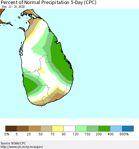 Sri Lanka Percent of Normal Precipitation 5-Day (CPC) Thematic Map For 12/21/2020 - 12/25/2020