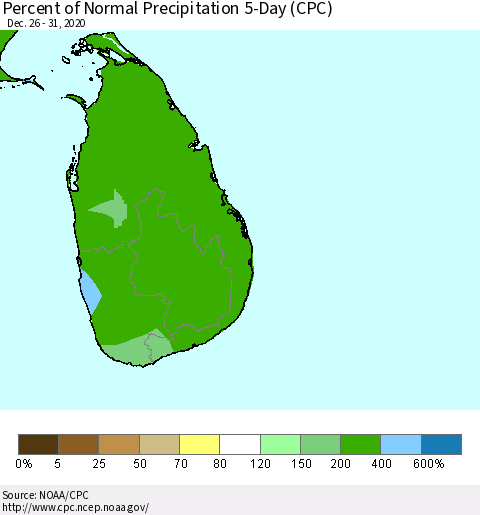 Sri Lanka Percent of Normal Precipitation 5-Day (CPC) Thematic Map For 12/26/2020 - 12/31/2020