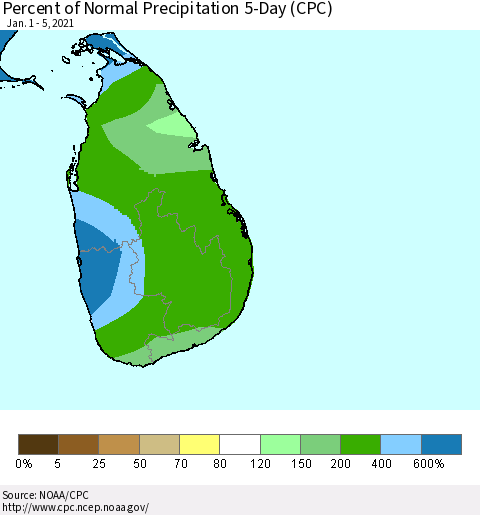 Sri Lanka Percent of Normal Precipitation 5-Day (CPC) Thematic Map For 1/1/2021 - 1/5/2021