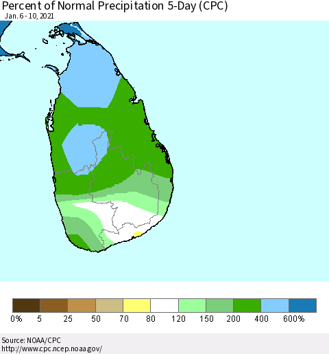 Sri Lanka Percent of Normal Precipitation 5-Day (CPC) Thematic Map For 1/6/2021 - 1/10/2021