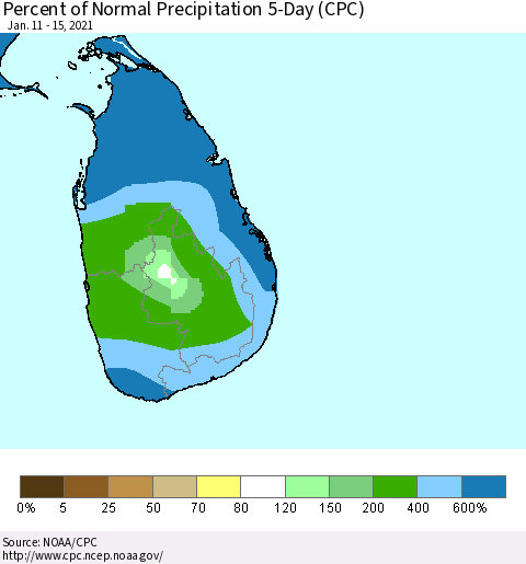 Sri Lanka Percent of Normal Precipitation 5-Day (CPC) Thematic Map For 1/11/2021 - 1/15/2021