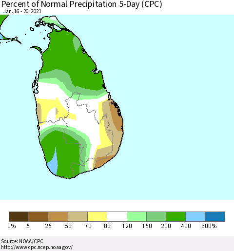 Sri Lanka Percent of Normal Precipitation 5-Day (CPC) Thematic Map For 1/16/2021 - 1/20/2021