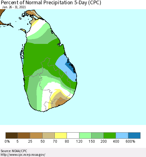 Sri Lanka Percent of Normal Precipitation 5-Day (CPC) Thematic Map For 1/26/2021 - 1/31/2021