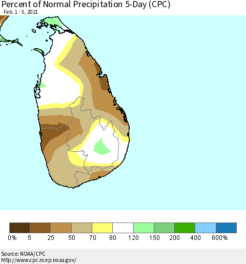 Sri Lanka Percent of Normal Precipitation 5-Day (CPC) Thematic Map For 2/1/2021 - 2/5/2021