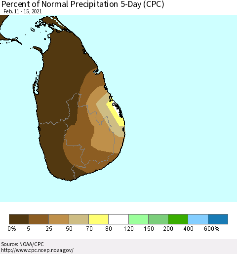 Sri Lanka Percent of Normal Precipitation 5-Day (CPC) Thematic Map For 2/11/2021 - 2/15/2021