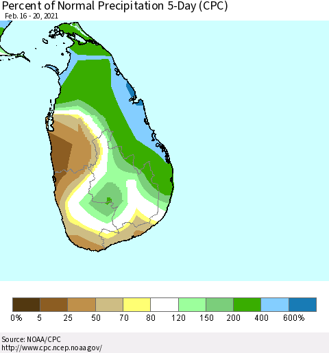 Sri Lanka Percent of Normal Precipitation 5-Day (CPC) Thematic Map For 2/16/2021 - 2/20/2021
