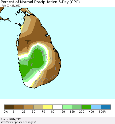 Sri Lanka Percent of Normal Precipitation 5-Day (CPC) Thematic Map For 2/21/2021 - 2/25/2021