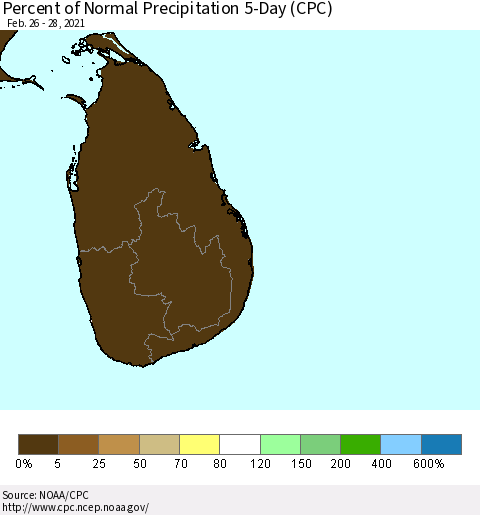 Sri Lanka Percent of Normal Precipitation 5-Day (CPC) Thematic Map For 2/26/2021 - 2/28/2021