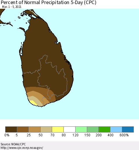 Sri Lanka Percent of Normal Precipitation 5-Day (CPC) Thematic Map For 3/1/2021 - 3/5/2021