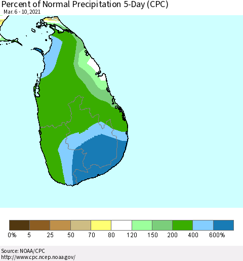 Sri Lanka Percent of Normal Precipitation 5-Day (CPC) Thematic Map For 3/6/2021 - 3/10/2021