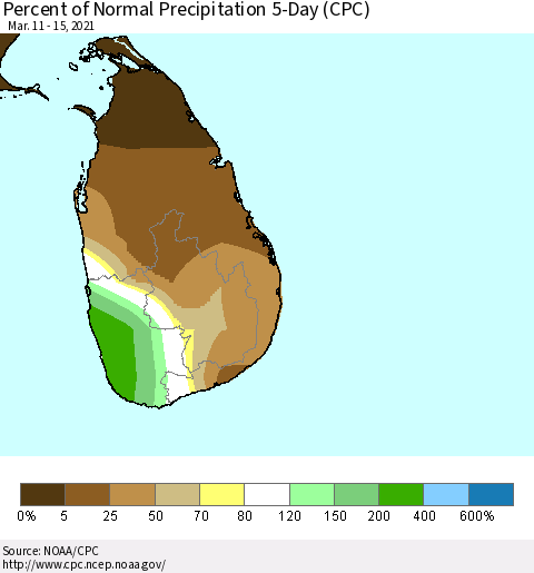 Sri Lanka Percent of Normal Precipitation 5-Day (CPC) Thematic Map For 3/11/2021 - 3/15/2021