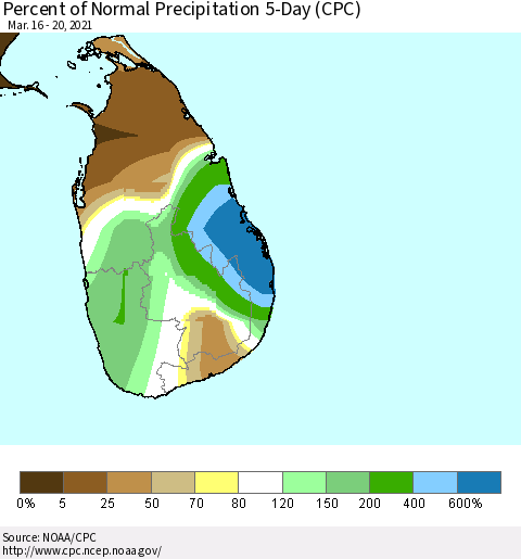 Sri Lanka Percent of Normal Precipitation 5-Day (CPC) Thematic Map For 3/16/2021 - 3/20/2021