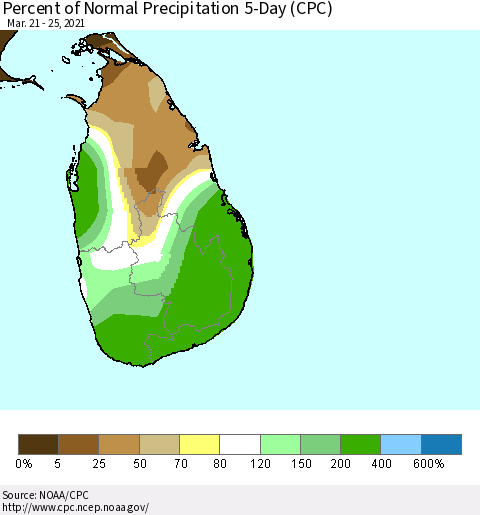Sri Lanka Percent of Normal Precipitation 5-Day (CPC) Thematic Map For 3/21/2021 - 3/25/2021
