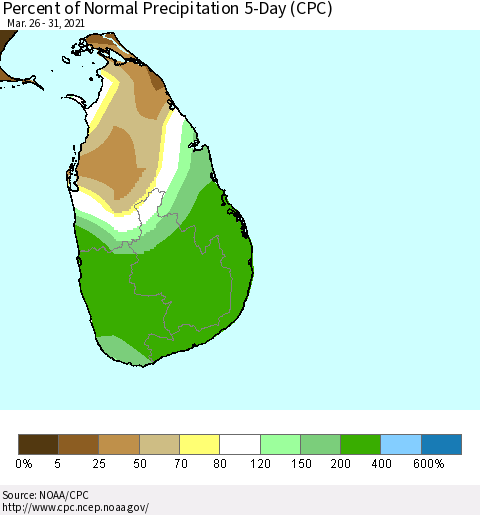 Sri Lanka Percent of Normal Precipitation 5-Day (CPC) Thematic Map For 3/26/2021 - 3/31/2021