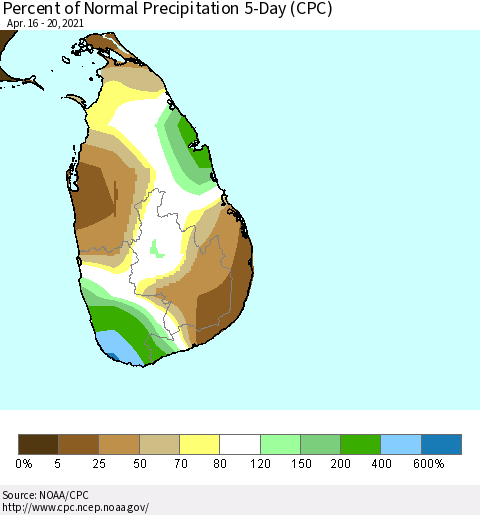 Sri Lanka Percent of Normal Precipitation 5-Day (CPC) Thematic Map For 4/16/2021 - 4/20/2021