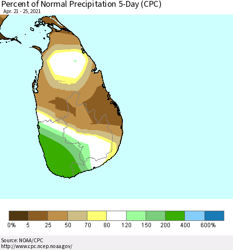 Sri Lanka Percent of Normal Precipitation 5-Day (CPC) Thematic Map For 4/21/2021 - 4/25/2021