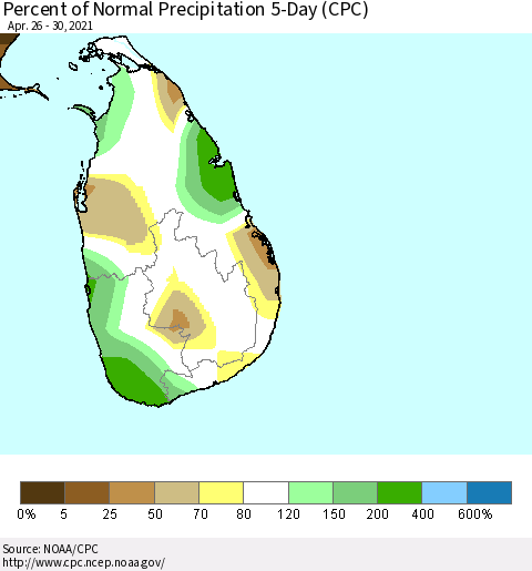Sri Lanka Percent of Normal Precipitation 5-Day (CPC) Thematic Map For 4/26/2021 - 4/30/2021