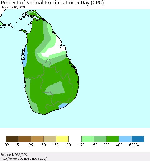 Sri Lanka Percent of Normal Precipitation 5-Day (CPC) Thematic Map For 5/6/2021 - 5/10/2021