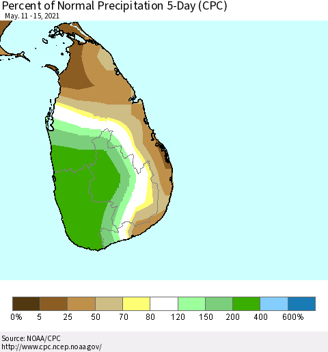 Sri Lanka Percent of Normal Precipitation 5-Day (CPC) Thematic Map For 5/11/2021 - 5/15/2021