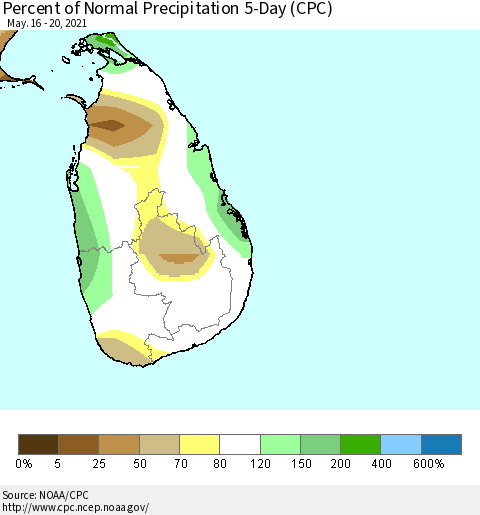 Sri Lanka Percent of Normal Precipitation 5-Day (CPC) Thematic Map For 5/16/2021 - 5/20/2021